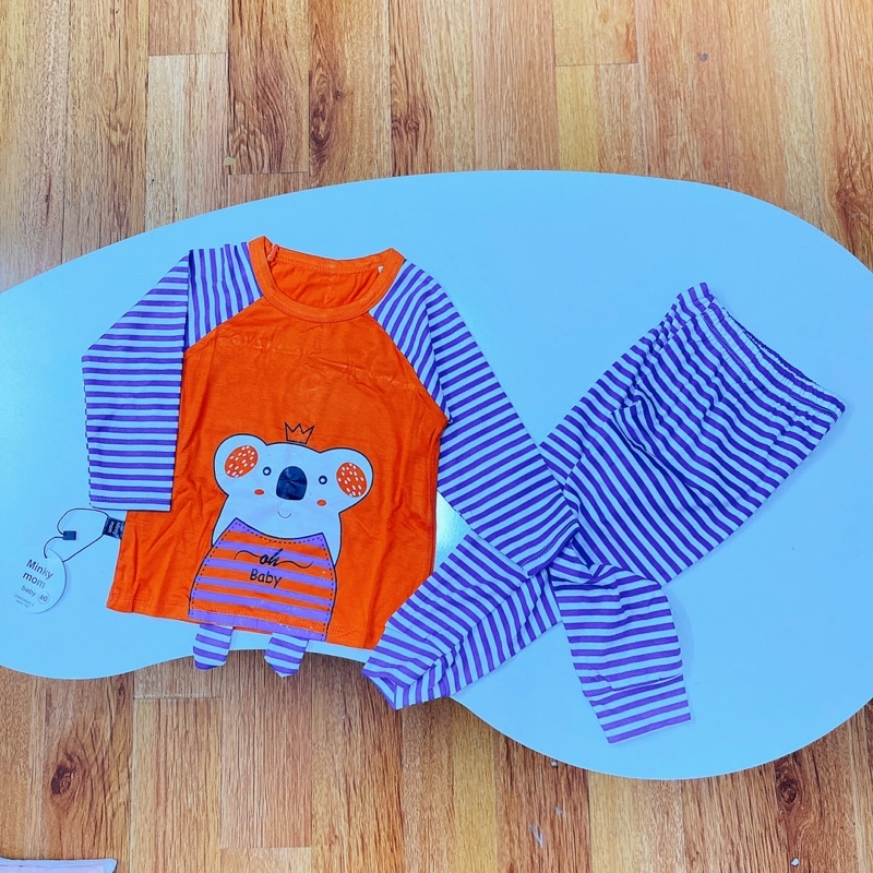 Bộ Quần Áo Dài Tay Minky Mom Thun Lạnh Thoáng Mát Hoạ Tiết Động Vật Sinh Động, Quần kẻ