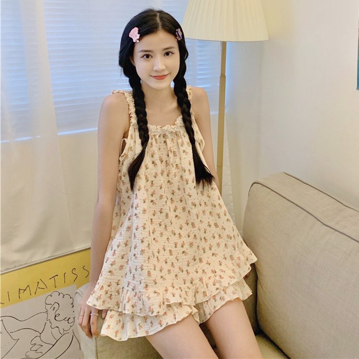Đồ Bộ Mặc Nhà Nữ Đũi Đồ Ngủ Hai Dây Mùa Hè Dễ Thương Hoa Nhí Xinh Mát PINKBOUTIQUE 222