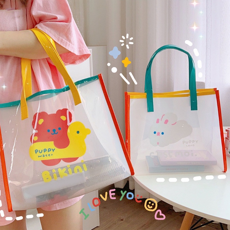 Túi Xách PVC Trong Suốt Cỡ Lớn In Họa Tiết Hoạt Hình Màu Cầu Vồng Thời Trang Đi Biển