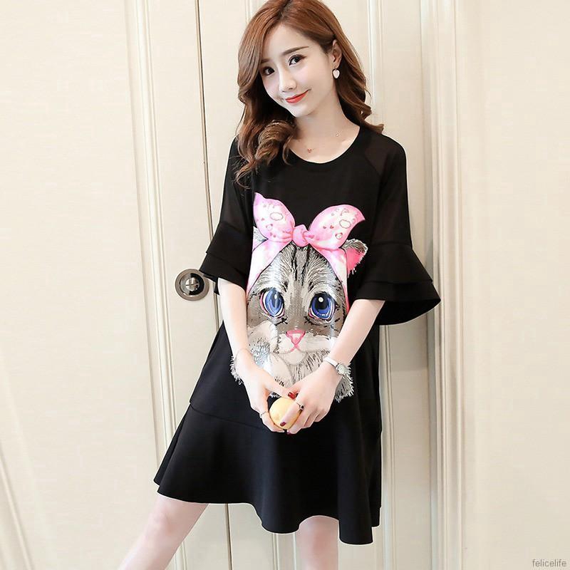 Đầm tay lỡ cổ tròn hoạ tiết mèo đáng yêu
