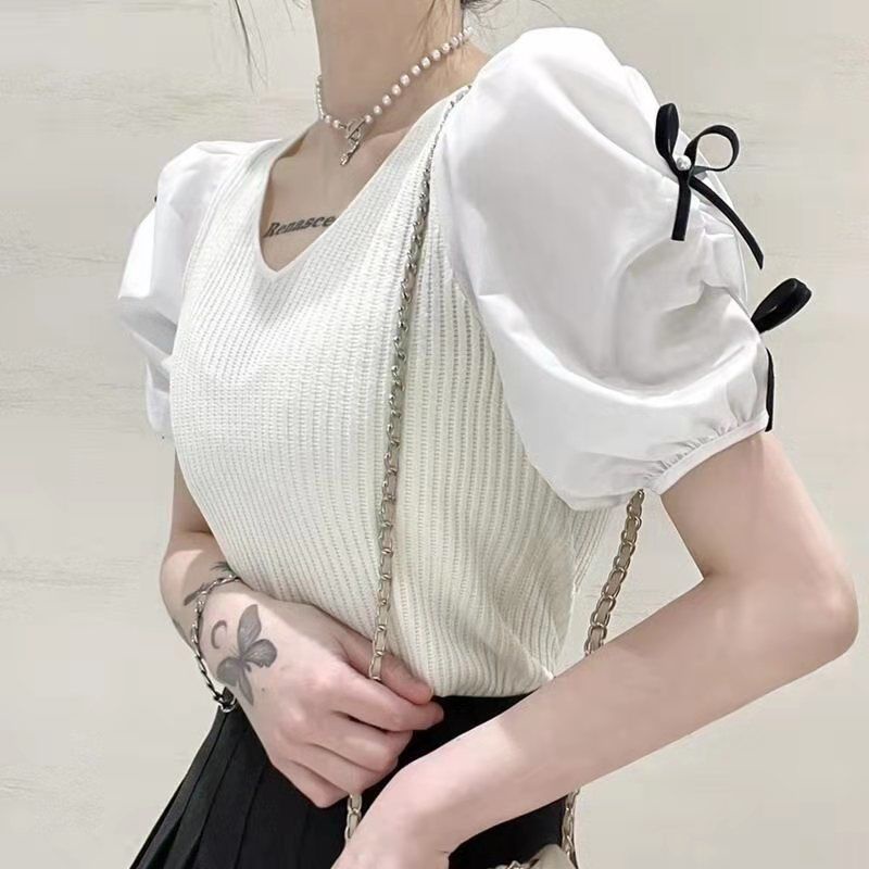 Áo Thun Dệt Kim Tay Phồng Thiết Kế Dễ Thương 164012 Áo Thun Tay Ngắn Cổ Chữ v Màu Sắc Tương Phản Thời Trang