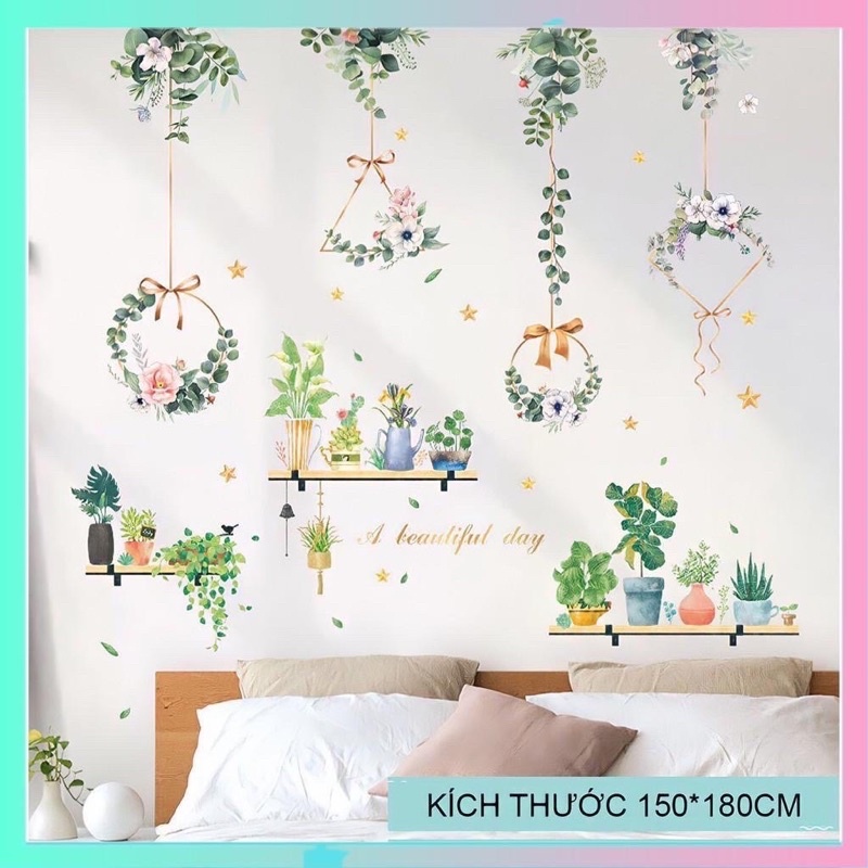 Decal Dán Tường mẫu chậu cây + dây vòng nguyệt quế