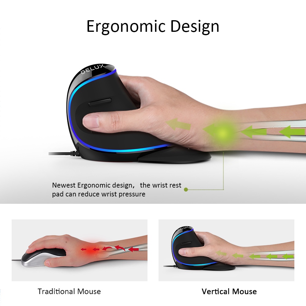 Chuột dọc có dây Delux M168 Plus 1600 DPI có đèn led màu xanh lam phần tựa lòng bàn tay và 6 nút