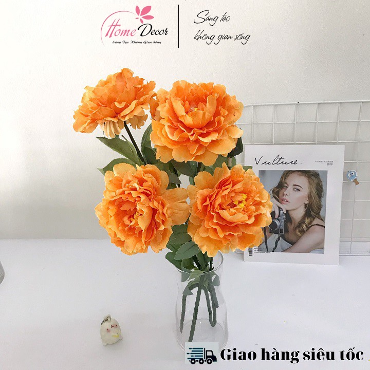 Hoa giả - Hoa Mẫu Đơn giả cao cấp cành 2 bông to 1 nụ nhỏ trang trí đẹp, giống thật