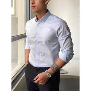 Áo sơ Mi Nam dài tay Xanh Nhạt Lụa không nhăn, Sơ mi nam trơn giá rẻ