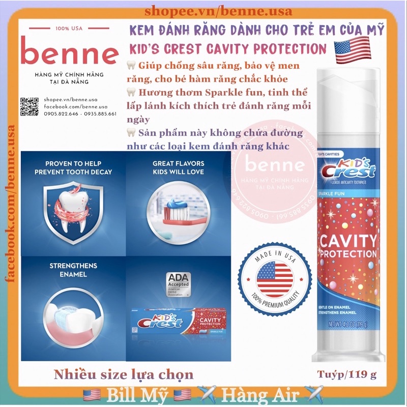 [🇺🇸 Bill Mỹ] Kem đánh răng cho bé Kid's Crest Cavity Protection 130g của Mỹ