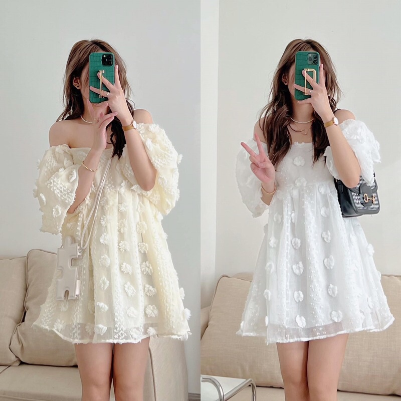 Áo váy babydoll hoa nổi tay bồng dễ thương Pea Store (Ảnh thật)