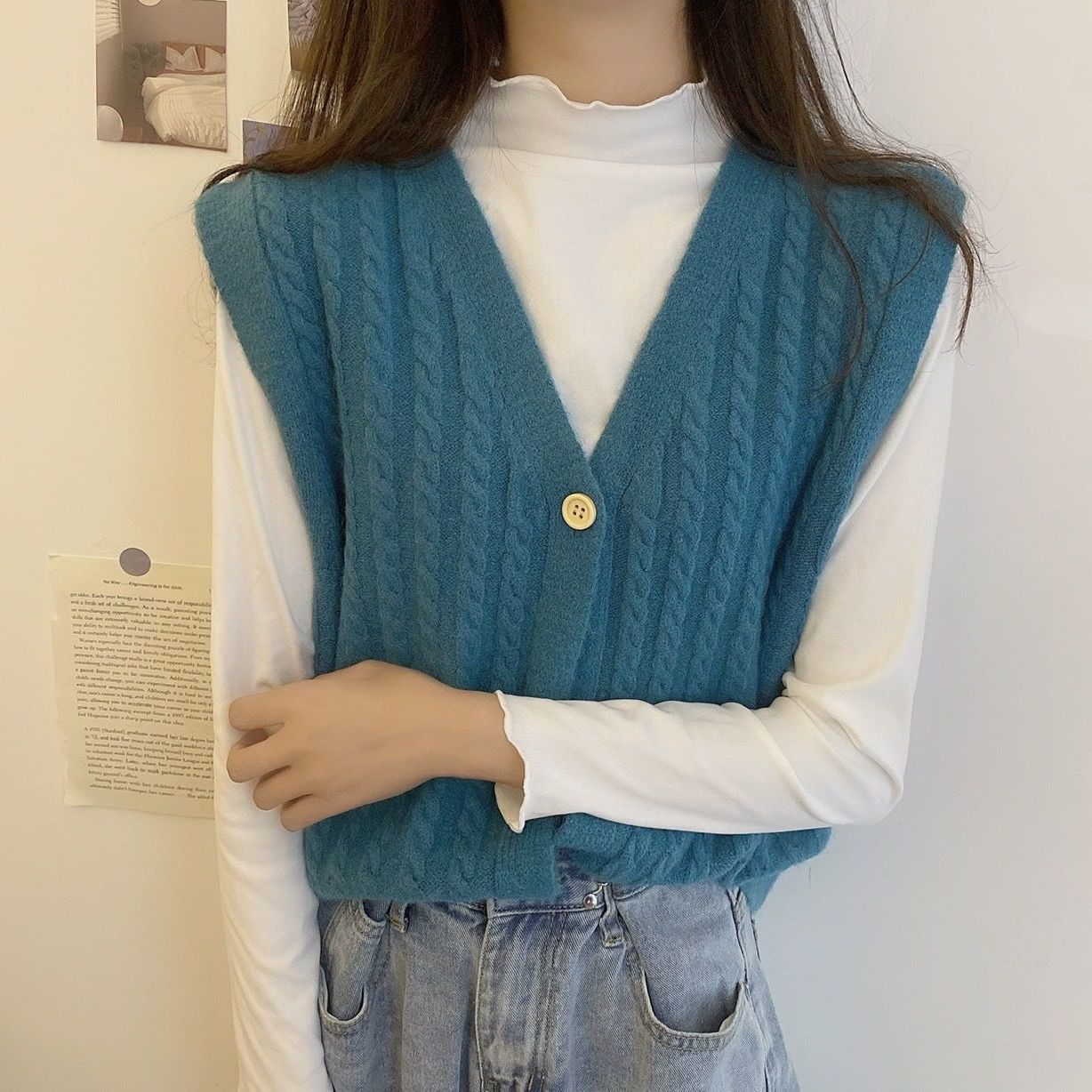 Áo gile dệt kim cổ chữ V kiểu cardigan phong cách Hàn Quốc dành cho nữ | BigBuy360 - bigbuy360.vn