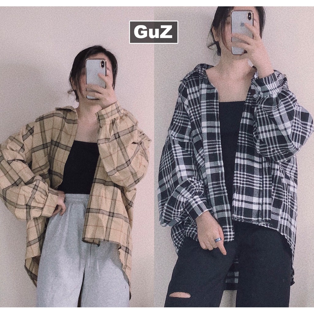 Áo sơ mi nữ form rộng ulzzang họa tiết kẻ ô be xanh xám trắng có túi guzfashion