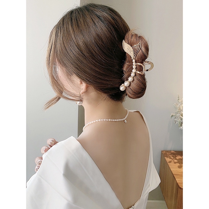 Kẹp tóc đuôi cá bằng kim loại Hàn Quốc cho nữ, kẹp tóc sau đầu đính đá đính ngọc
