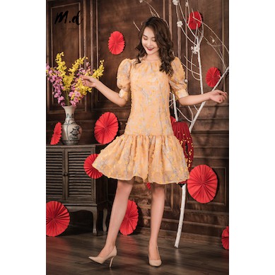 [XẢ LỖ] Váy babydoll vàng hoạ tiết hoa mai, chất xước 3D, hàng thiết kế, phom dáng cực chuẩn đẹp