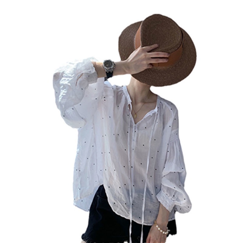 Áo kiểu tay dài họa tiết chấm bi dễ thương dành cho nữ