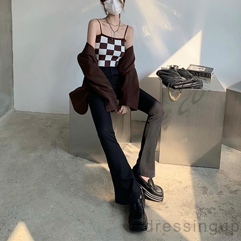 Áo lửng hai dây họa tiết ca rô đen/nâu thiết kế thời trang cho nữ