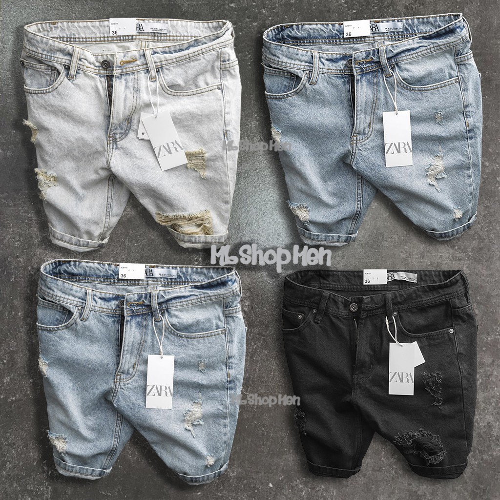 Quần jean nam ngắn rách chất bò cao cấp 3 màu xanh, đen co giãn giá rẻ