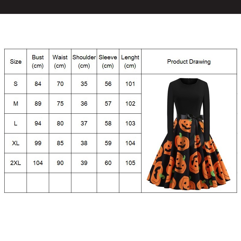 Đầm Xòe Tay Dài Cổ Tròn Màu Đen In Họa Tiết Bí Ngô Halloween Thời Trang Thu Đông Cho Nữ