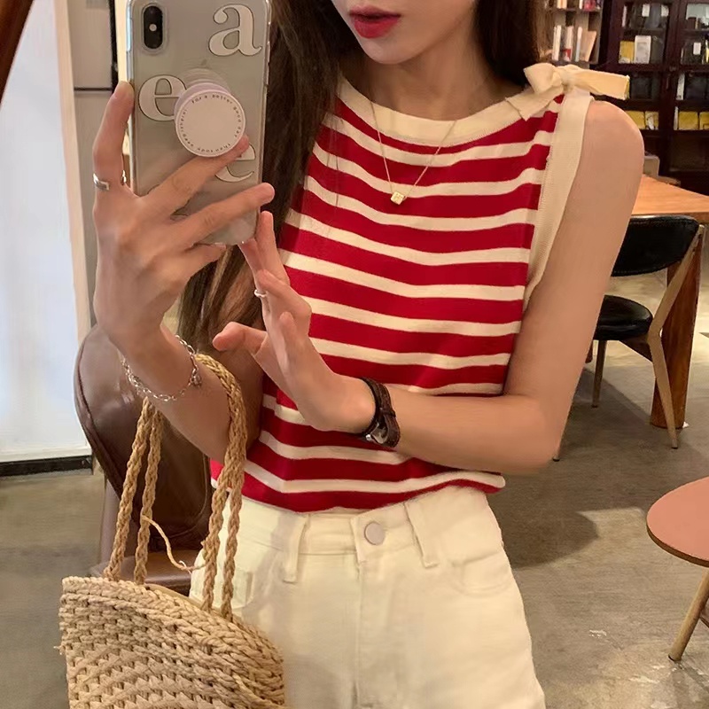 Áo sát nách dệt kim buộc dây kẻ sọc thời trang Hàn Quốc cho nữ