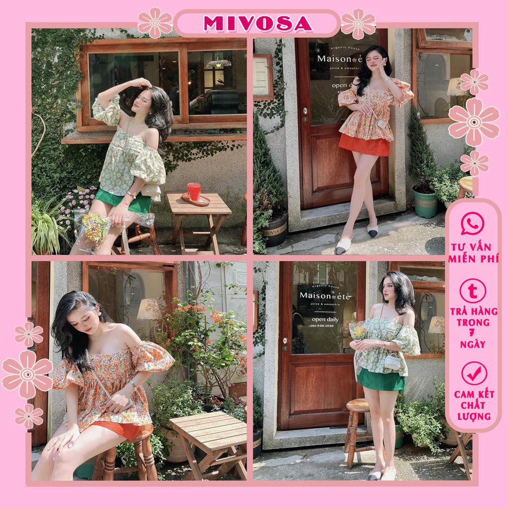 Set bộ áo hoa trễ vai cúc họa mi quần short đùi tacta MIVOSA DB976