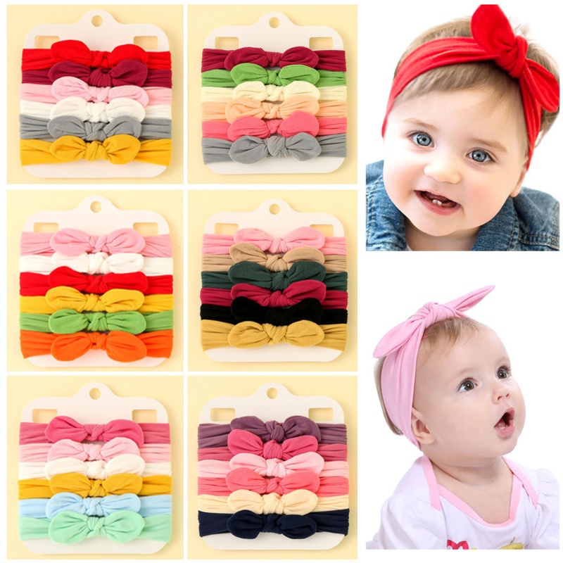 Set 6 Băng Đô Nơ Bằng Nylon Mềm Co Giãn Màu Trơn Dành Cho Bé Gái