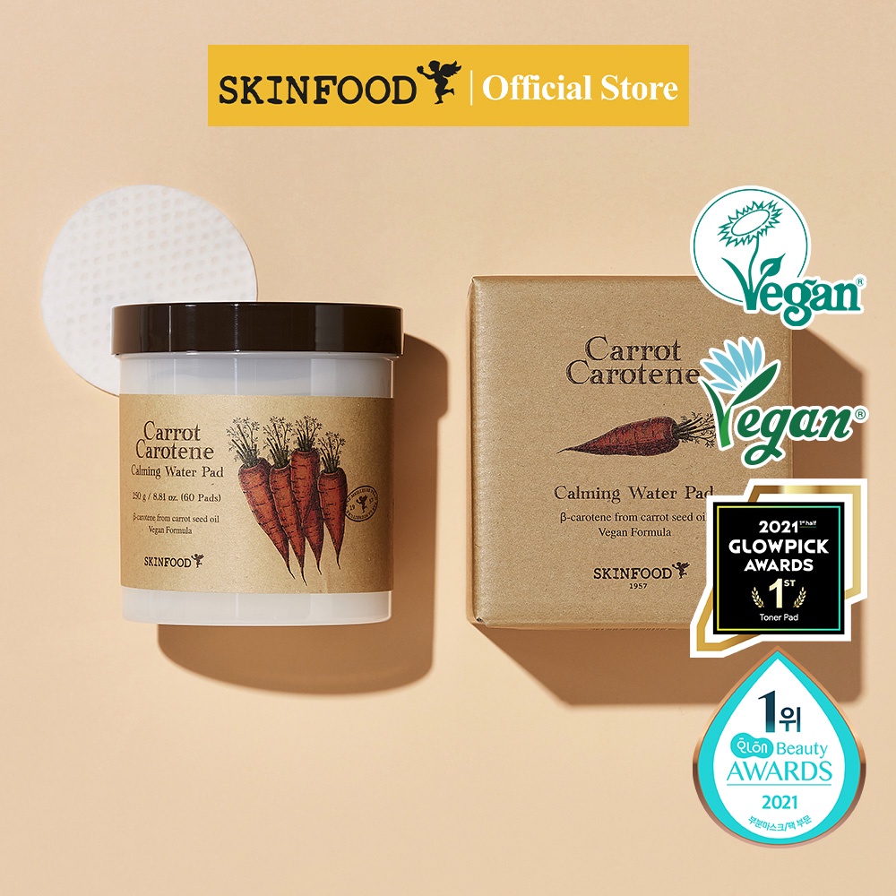 [SKINFOOD] 100% Vegan Carrot Carotene Redness Relieve Calming & Moisturizing Water Pad 250g(60ea) / Moist Serum 52ml / Relief Cream 55ml