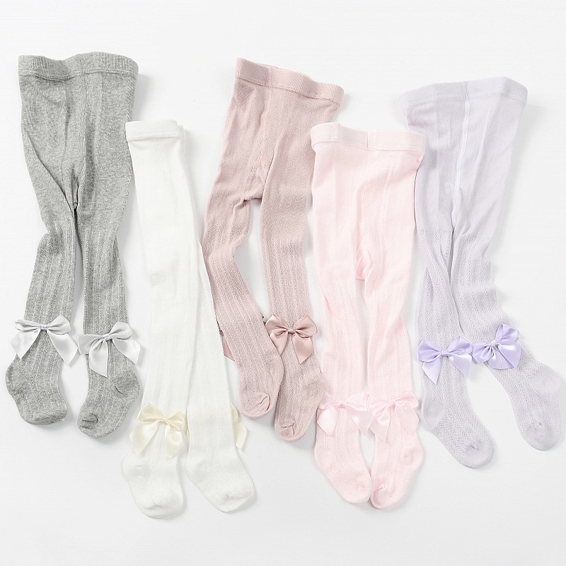 Quần vớ bó cotton lưới mềm mại thoáng khí đính nơ màu trơn thời trang dành cho bé gái