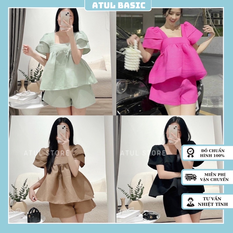 Set Đồ Nữ, Set Áo Baby Doll Tay Phồng Xốp Tổ Ong Kèm Quần Short Ngắn Lưng Chun Hot Hit Màu Nổi Bật - Xine Set