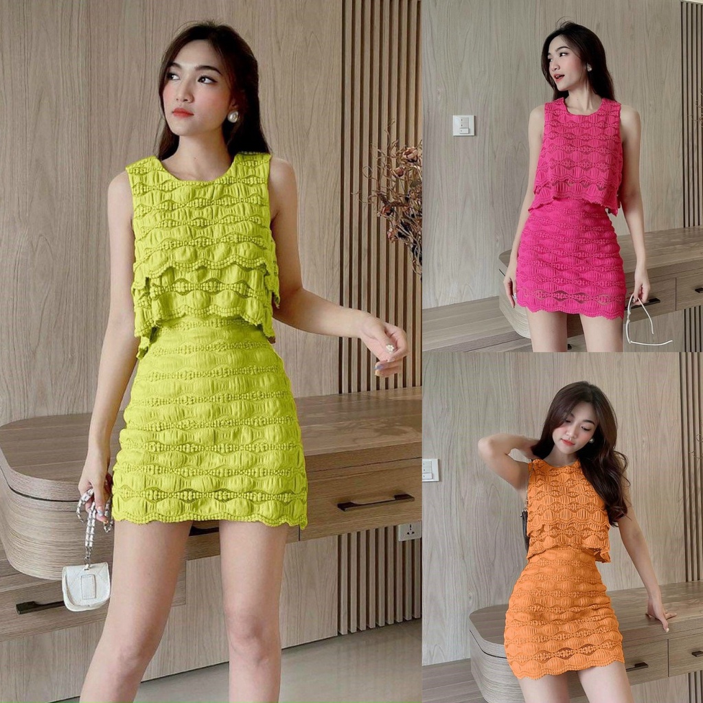 Set bộ đồ nữ áo ba lỗ xếp tầng phối chân váy len ren cao cấp sang chảnh, xinh xắn cho các tình yêu đi chơi, dạo phố