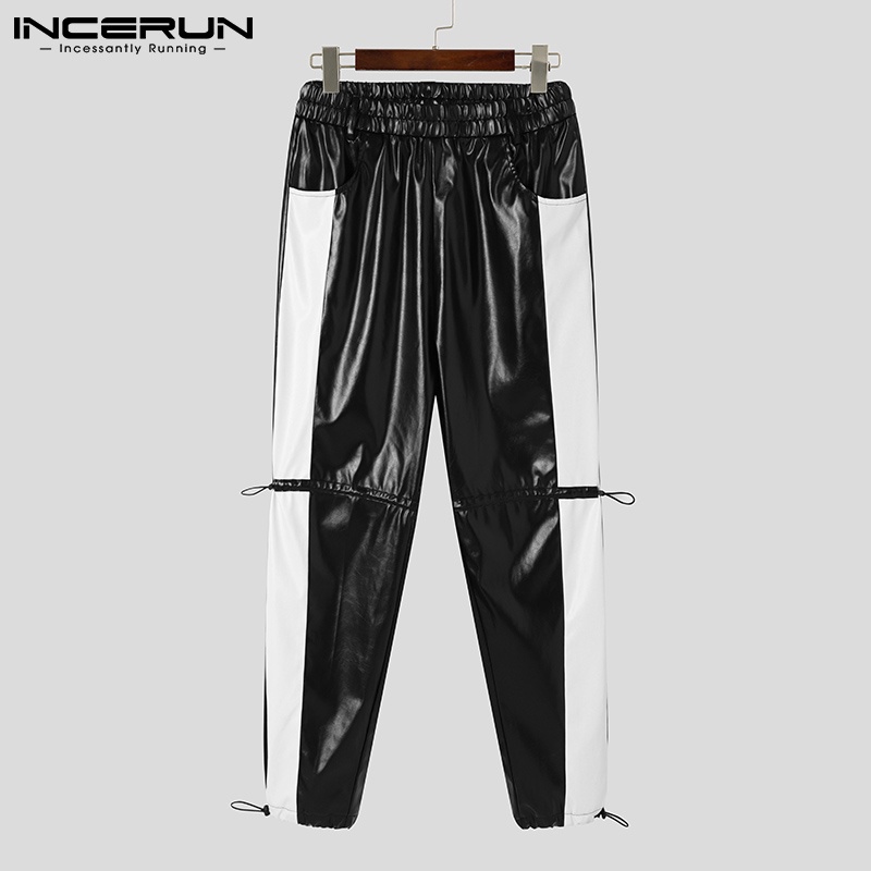Quần INCERUN dạng dài bằng da màu sắc tương phản phong cách phương tây thời trang cho nam