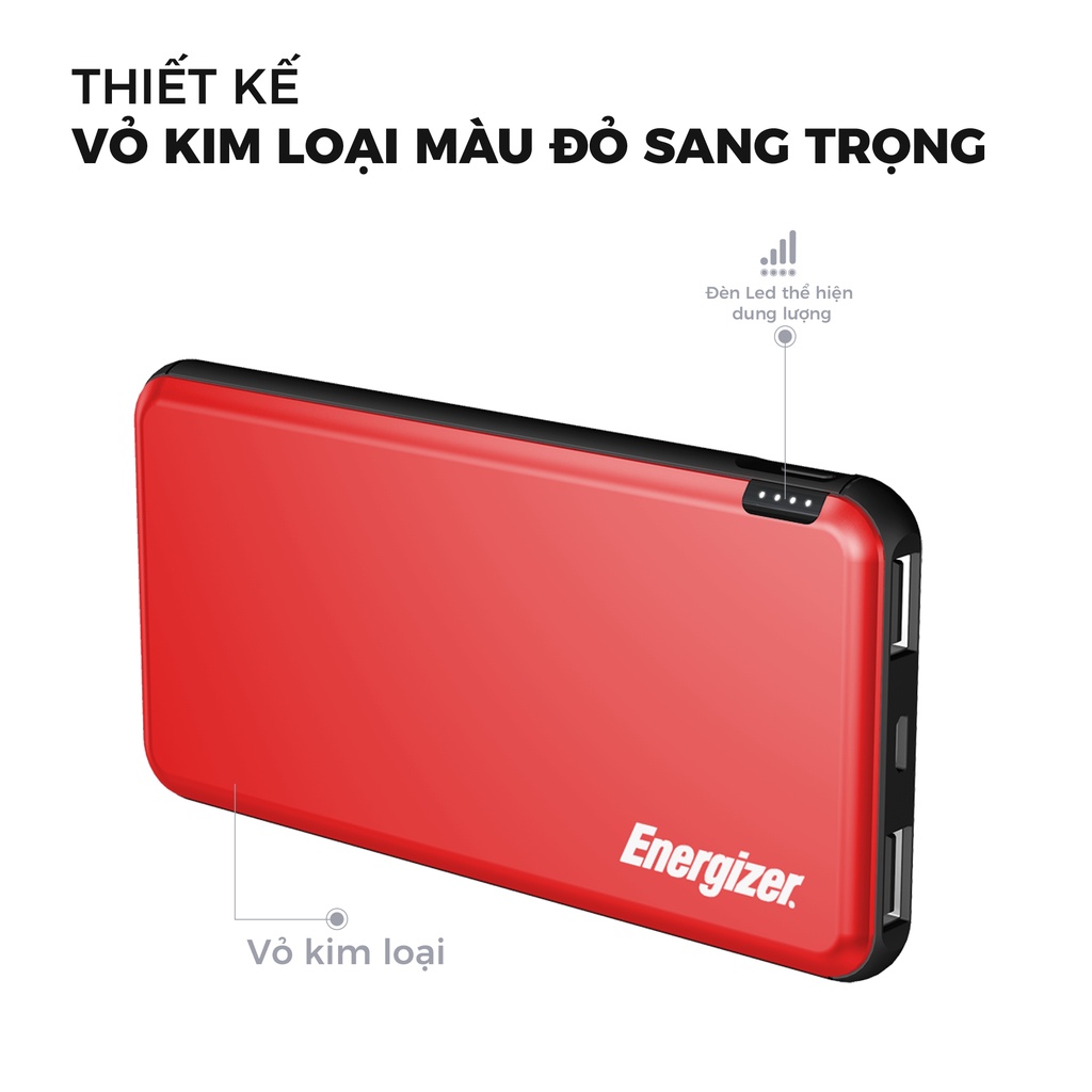 Pin dự phòng Energizer Chiến Binh II 10000mAh UE10046RD - thiết kế gọn nhẹ, tích hợp 2 cổng output tiện lợi