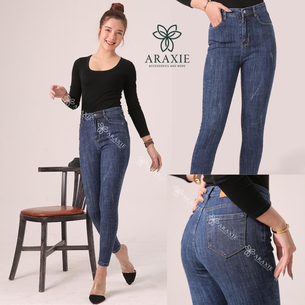 Quần Jean Skinny Nữ Lưng Cao Araxie Quần Bò Nữ Ôm Cạp Cao Màu Xanh Xước Co Giãn 4 Chiều Tôn Dáng JASKX10
