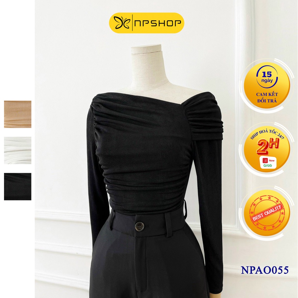 Áo thun nữ lệch vai tay dài NPSHOP, áo thun kiểu nhún cổ lệch sang trọng NPAO055