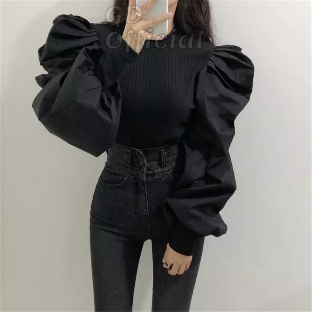 A44|Áo sơ mi thun công sở dài tay rộng khí chất sang trọng nữ cổ tròn tay phồng xếp lớp giản dị trắng đen GD Official