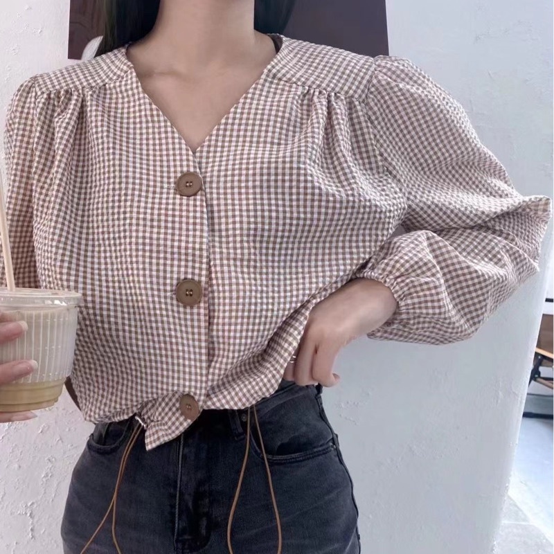 Áo Sơ Mi Tay Dài Họa Tiết Sọc Caro Phong Cách Retro Thời Trang Cho Nữ
