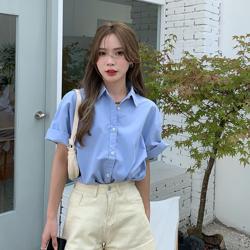 Áo sơ mi tay ngắn thiết kế mỏng phong cách retro mùa hè 2021 cho nữ
