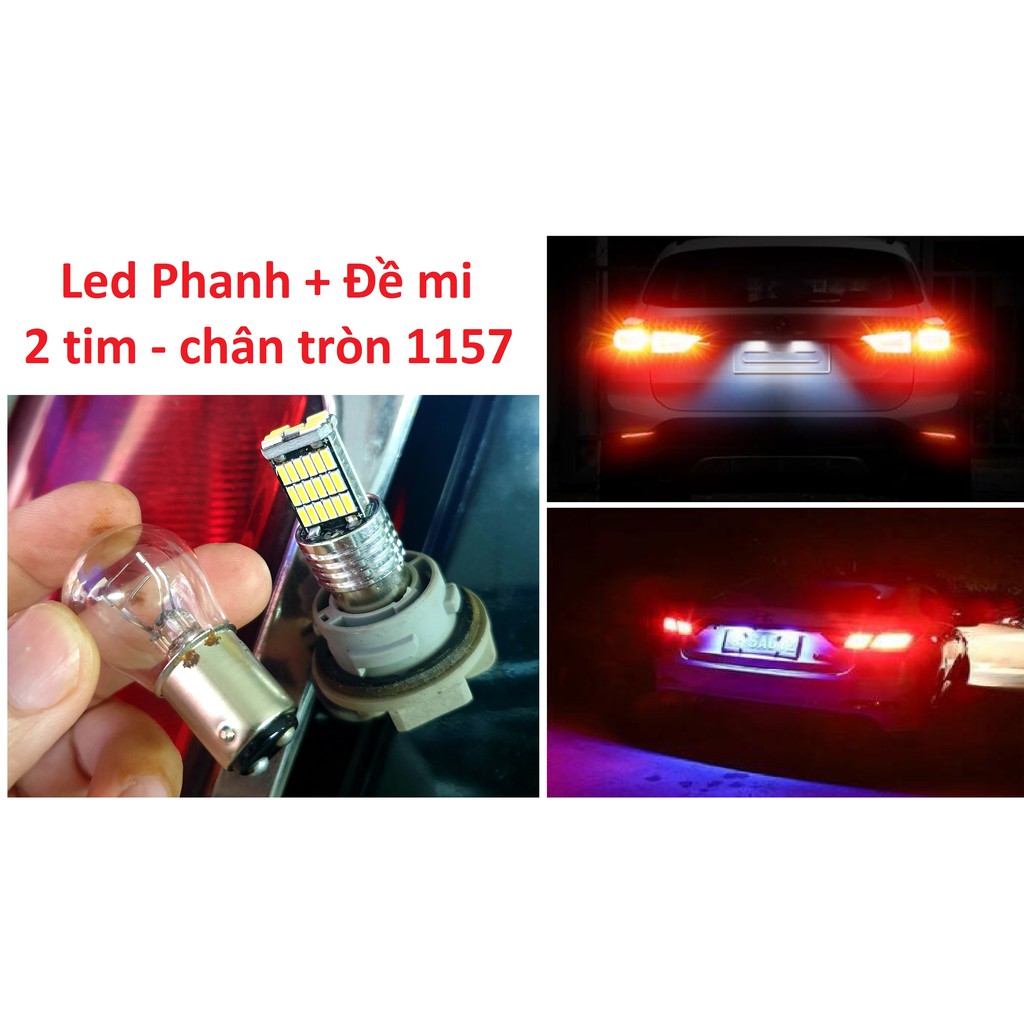 Bóng Led 1157 hai tim đèn (phanh + đề mi) chân tròn ánh sáng đỏ/ trắng dùng cho ô tô xe máy