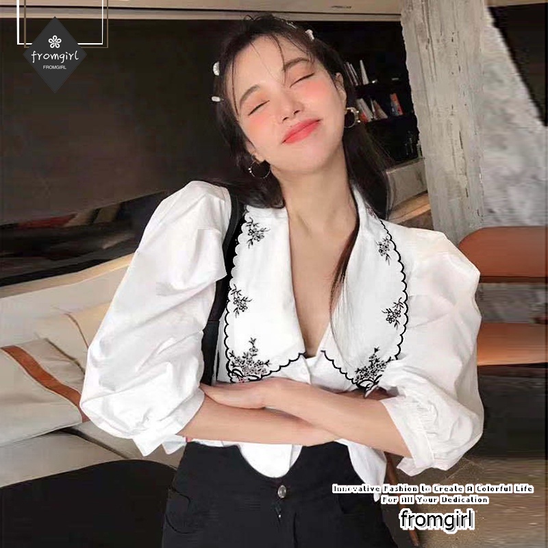 Áo Sơ Mi Tay Phồng Dáng Rộng Thêu Họa Tiết Phong Cách Retro Hàn Quốc Thời Trang Mùa Xuân Cho Nữ