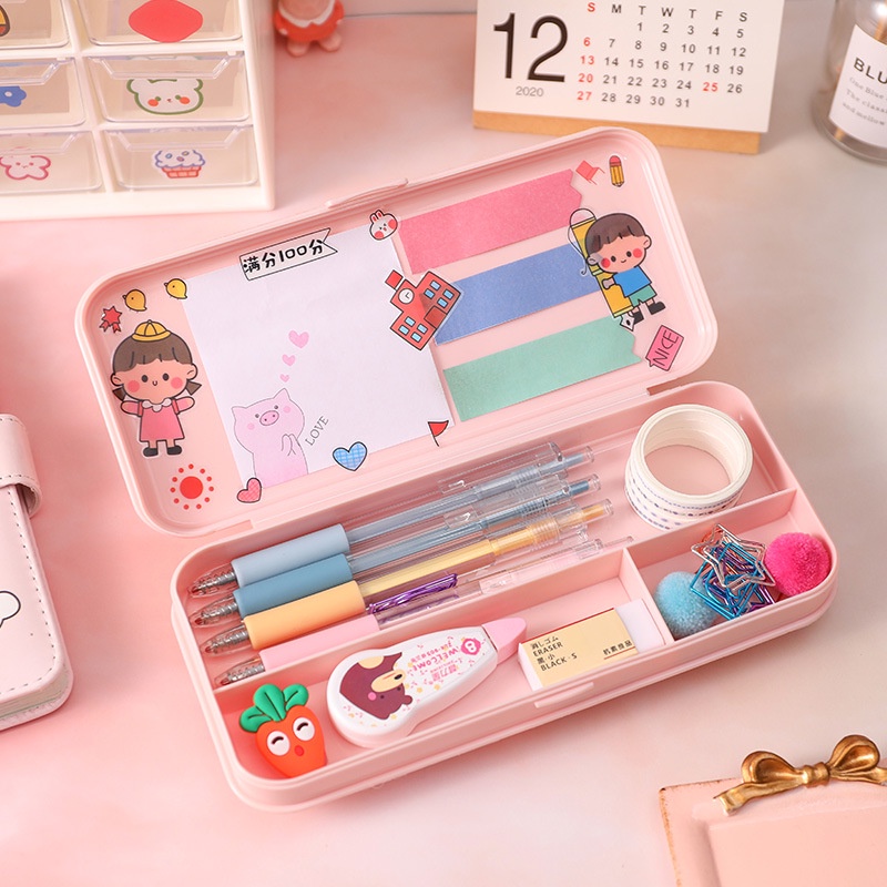Hộp Đựng Bút Nhựa Mờ Hàn Quốc Đa Năng Mua Kèm Sticker Dễ Thương, Dung Lượng Lớn