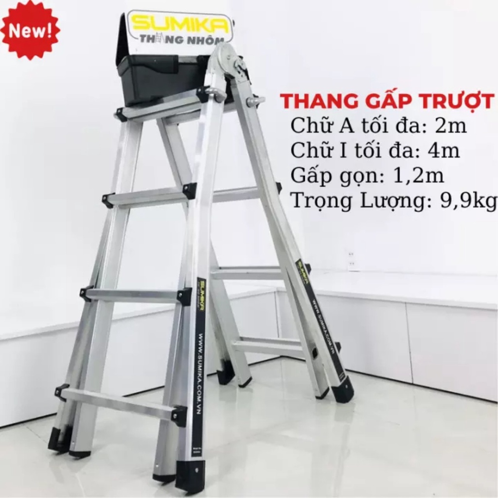 Thang nhôm gấp trượt chữ A mở rộng SUMIKA SKM404 (chữ A: 2M - chữ I: 4M) tải trọng 300kg,bảo hành 2 năm, thang điện lạnh