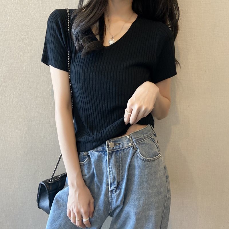 Fashion V-Neck Ice Silk Knitwear Versatile Slim Fit T-Shirt Ladies Tops