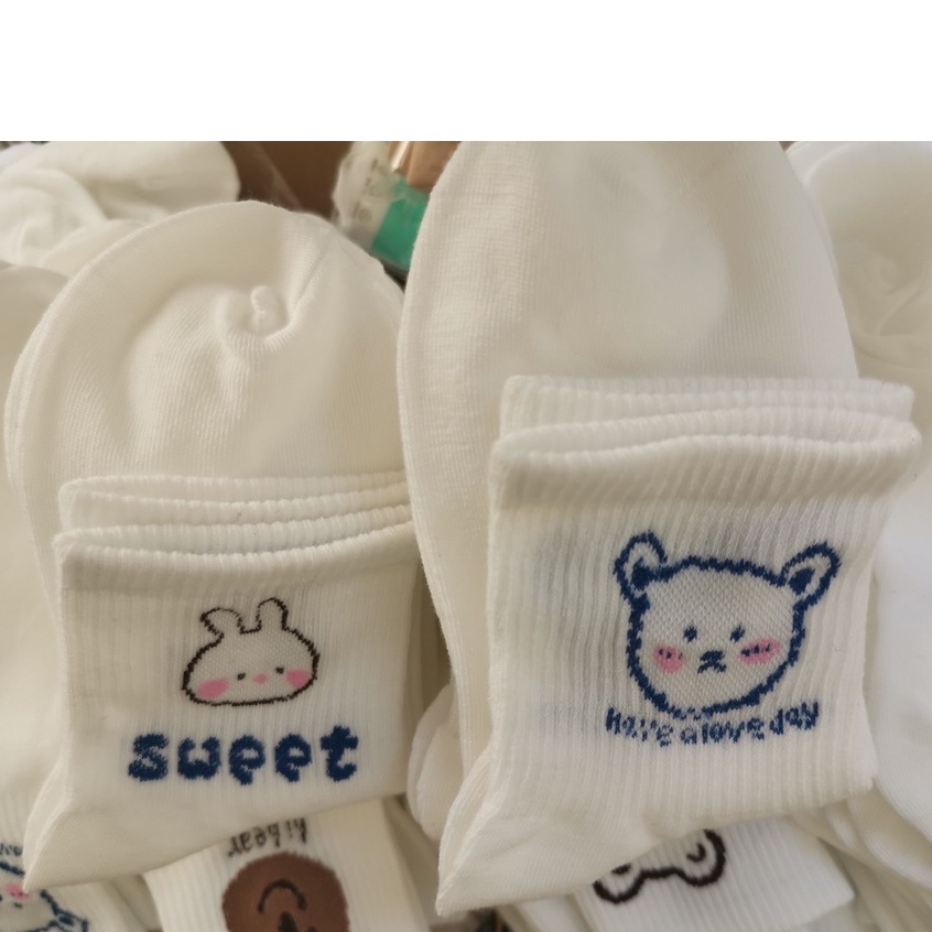 Set 10 Đôi Tất Nữ Cao Cổ Hàn Quốc Họa Tiết Gấu Cute Dễ Thương Vớ Nữ Trắng Sỉ Giá Rẻ Chất Dày Dặn Vải TVSHUNA1