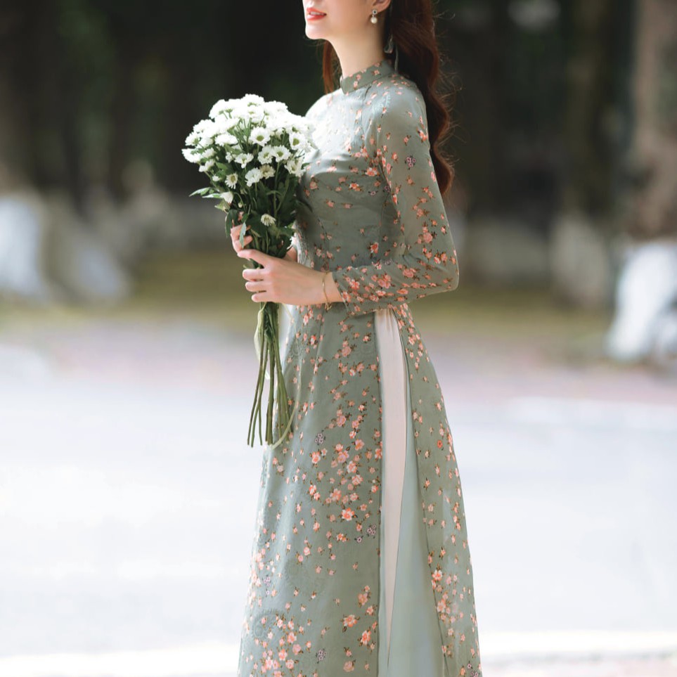 Áo dài hoa nhí xanh rêu ⚡ FREESHIP ⚡ Áo dài 4 tà hoa nhí dáng truyền thống