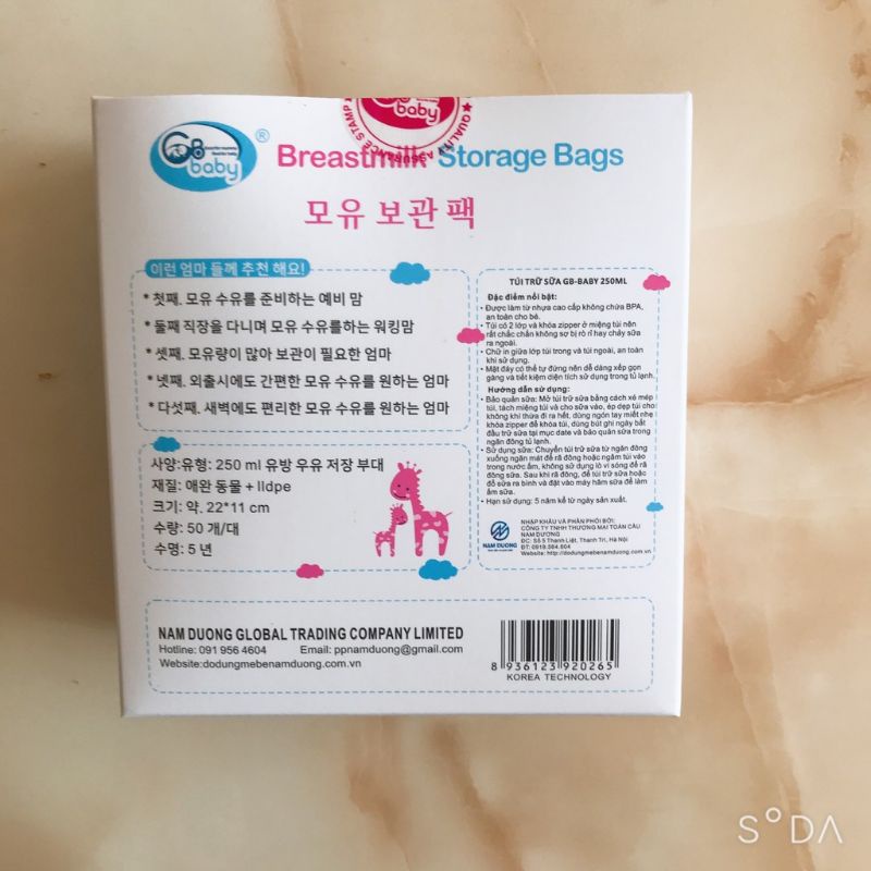 (2 HỘP) COMBO 100 túi trữ sữa không BPA 250ml GB BABY (Công nghệ Hàn Quốc) - Chính hãng Cty Nam Dương phân phối
