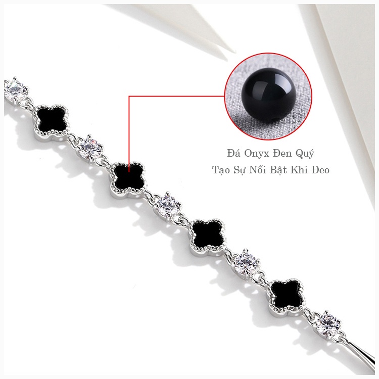 Lắc Tay Bạc Nữ hình Cỏ Bốn Lá Đính Đá Onyx  - Vòng Tay Bạc tự thiết kế M.Lady Jewel