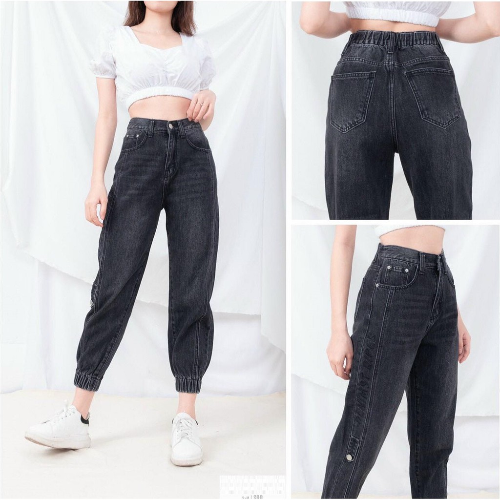 Quần Jean Baggy nữ lưng cao Bo Gấu form đẹp ⚡️ Thêu chữ DENIMST RIPES⚡️ Đen | WebRaoVat - webraovat.net.vn