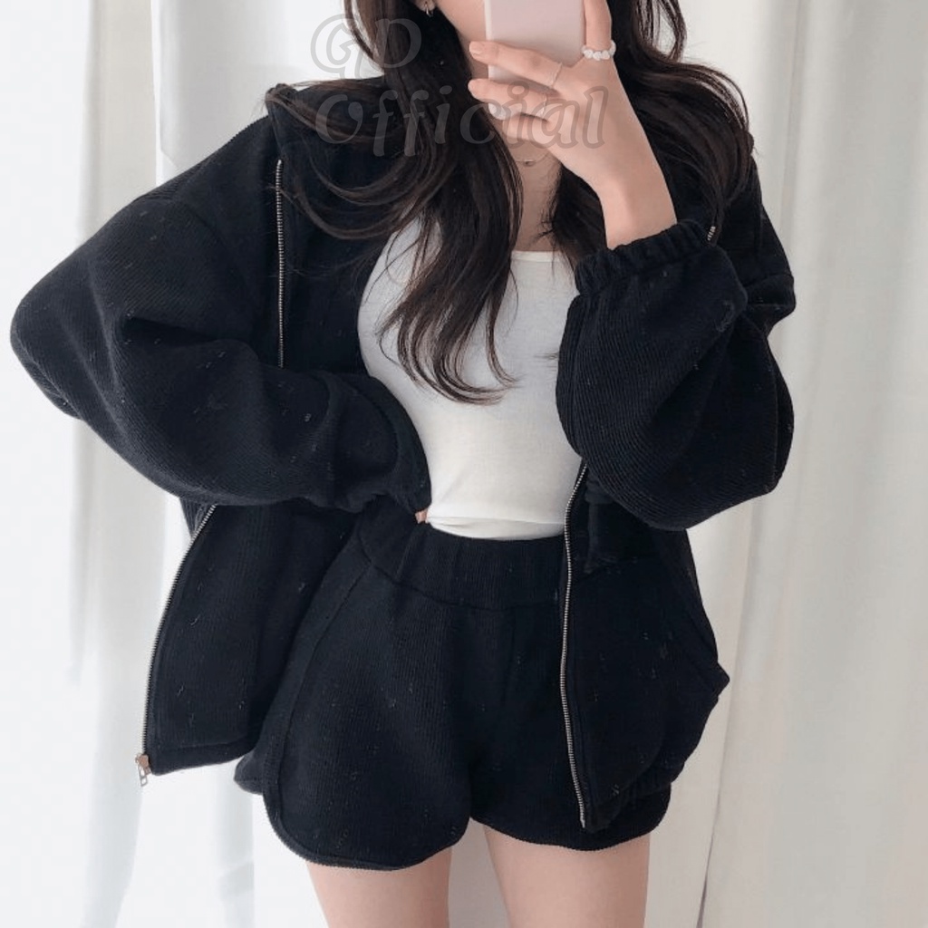 N9|Set bộ thể thao, mặc nhà áo hoodie dây kéo cá tính, quần short ngắn màu xanh, đen, tím GD Official