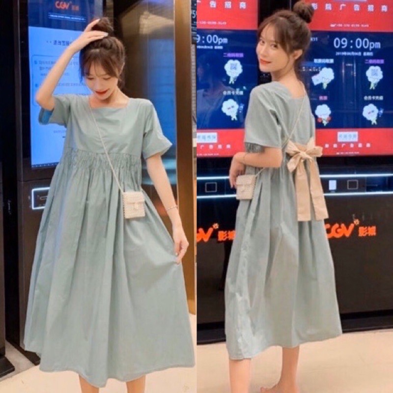 Đầm bầu cam babydoll nơ lưng, Váy bầu suông cho me trước và sau sinh
