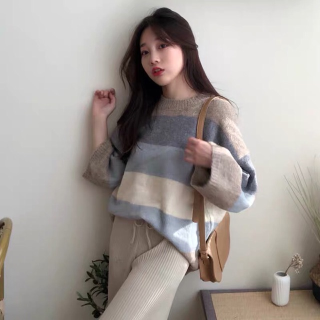 [ẢNH THẬT + SẴN] áo len sọc ngang pha màu dáng rộng ulzzang hàn quốc