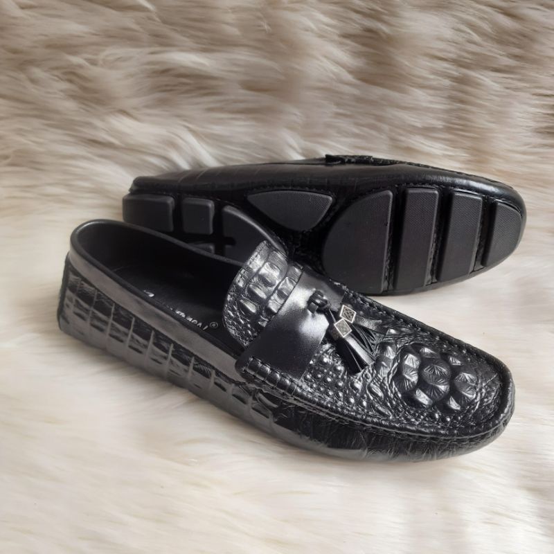 (FEERSHIP)Giày mọi vân cá sấu.giày lười da bò cao cấp.mã 0126 màu đen