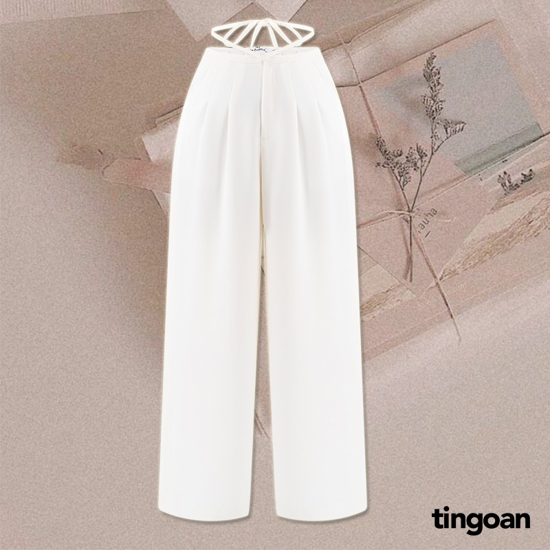 TINGOAN® - Quần dài ống xuông rộng chiết ly buộc dây eo chống nhăn trắng tingoan JANE CULOTTES v2/WH