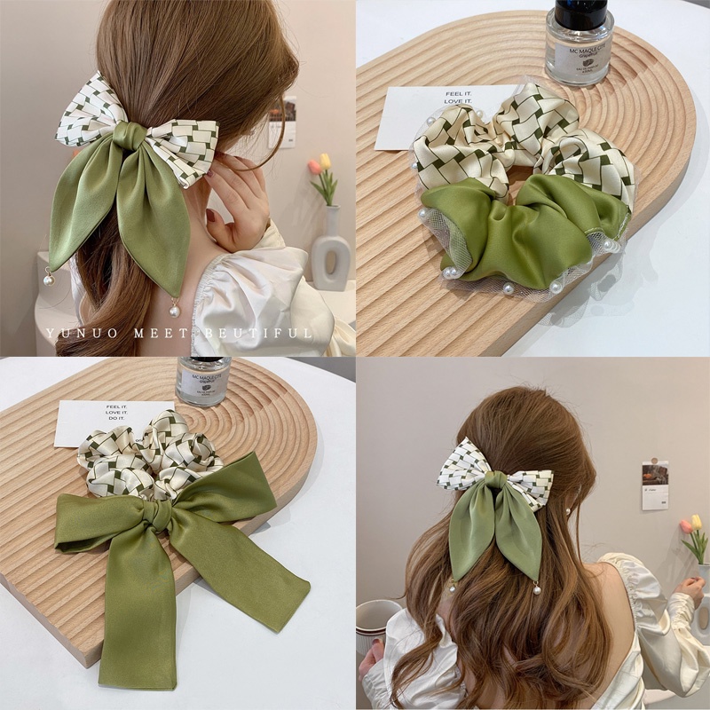 Dây Cột Tóc Thắt Nơ Họa Tiết Chấm Bi Màu Xanh Lá Phong Cách Hàn Quốc Thời Trang Cho Nữ