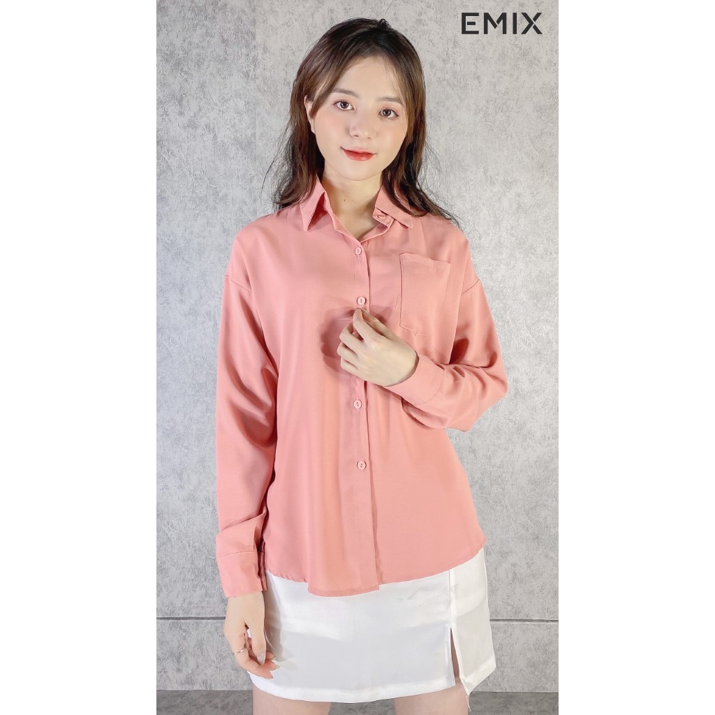 Áo sơ mi nữ túi trước ngực 5 màu EMIX (5 màu), ulzzang, dài tay, form rộng, vải mềm mát không nhăn | BigBuy360 - bigbuy360.vn